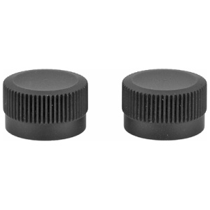 Two black plastic bottle caps with ridged edges.
