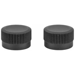 Two black plastic bottle caps with ridged edges.