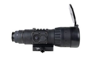 Black tactical night vision scope with lens cap open