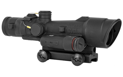 Black tactical rifle scope on white background