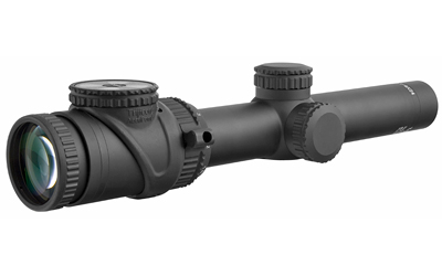 Black tactical rifle scope on white background