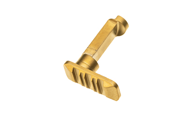 Gold metal component with ridges on white background.
