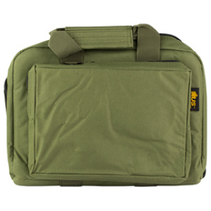 Green laptop bag with front pocket and handles.
