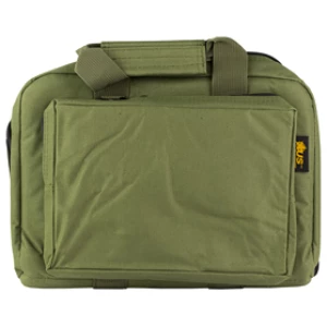 Green laptop bag with front pocket and handles.