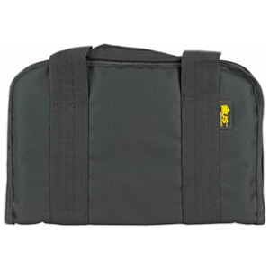 Black padded bag with handles and yellow logo.