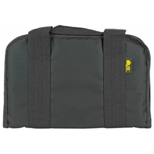 Black padded bag with handles and yellow logo.