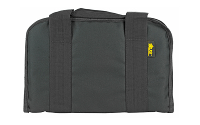 Black padded bag with handles and yellow logo.