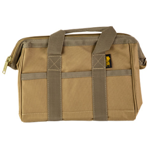 Brown tool bag with multiple straps.