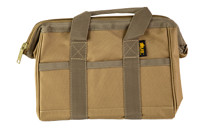 Brown tool bag with multiple straps.