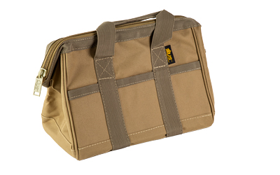Tan canvas tool bag with handles and zipper.