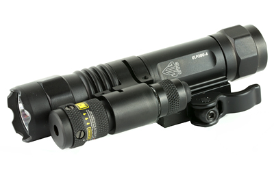 Black tactical flashlight with mounting bracket