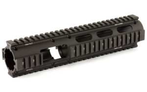 Black quad-rail rifle handguard on white background