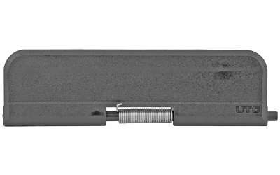 Gray metal door closer with exposed spring mechanism