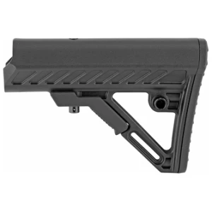 Black tactical rifle stock, side view