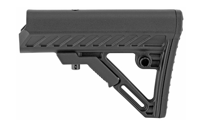 Black tactical rifle stock, side view
