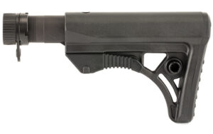 Black adjustable rifle buttstock on white background
