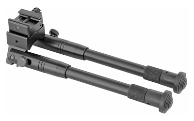 Black adjustable rifle bipod with extended legs