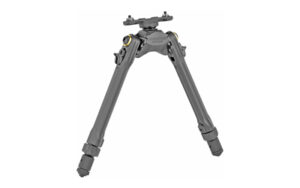 Adjustable rifle bipod on white background