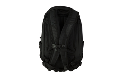 Black padded backpack with front buckles