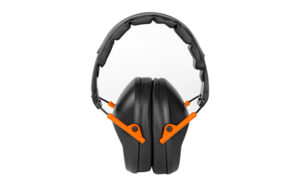 Black over-ear hearing protection earmuffs with orange accents