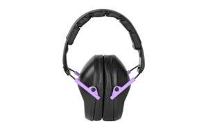 Black over-ear hearing protection earmuffs with purple accents