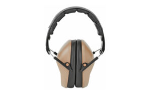 Beige and black over-ear hearing protection earmuffs