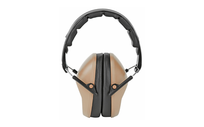 Beige and black over-ear hearing protection earmuffs