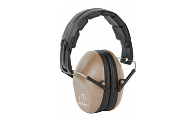 Tan and black over-ear hearing protection earmuffs