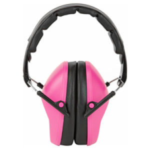 Pink noise-canceling earmuffs isolated on white background.