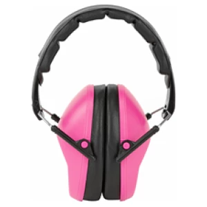 Pink noise-canceling earmuffs isolated on white background.