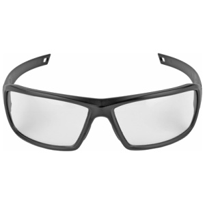 Black sports safety glasses with clear lenses.