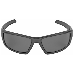Black wraparound sunglasses with gray lenses.
