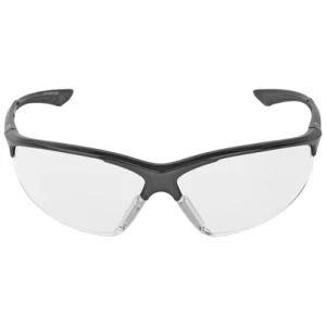 Safety glasses with clear lenses and black frame.