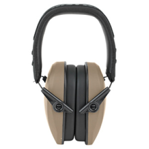 Tan and black protective earmuffs front view.