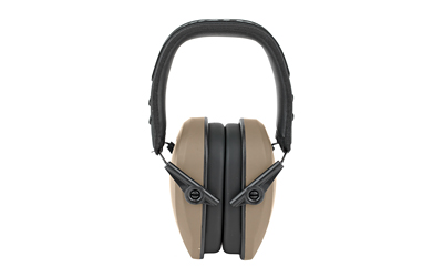 Tan and black protective earmuffs front view.