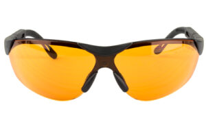 Orange-tinted safety glasses with black frame