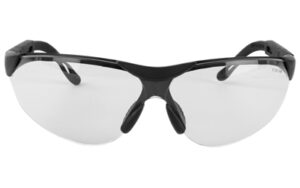 Black wraparound safety glasses with clear lenses