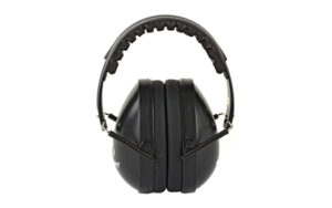 Black over-ear hearing protection earmuffs on white background