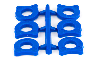 Blue plastic molded parts on sprue frame