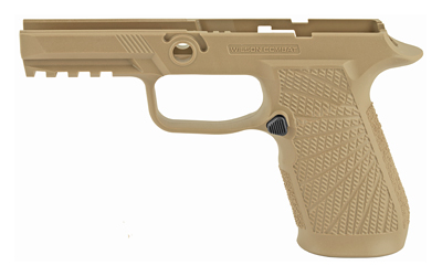 Tan polymer handgun frame on white background