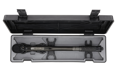 Torque wrench in open plastic storage case