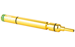 Gold cylindrical connector component on white background