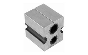 Metal cube block with drilled holes and bore