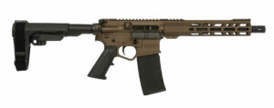 Brown tactical rifle side view on white background.