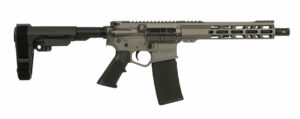 Black and gray tactical rifle on white background.