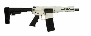 White assault rifle with black grip and barrel.