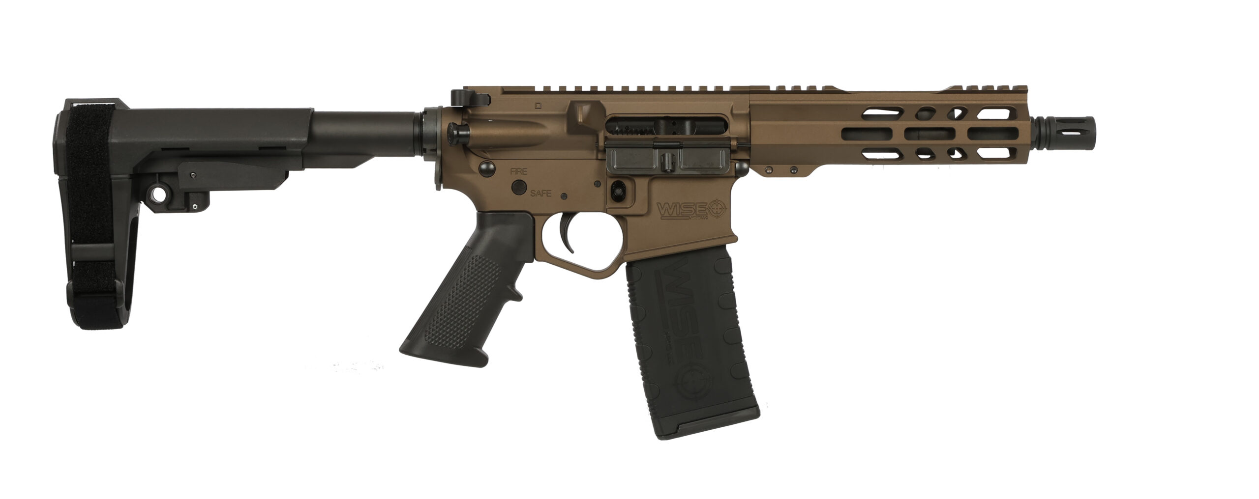 Brown tactical rifle with black handle and stock.