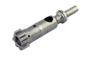Stainless steel rifle bolt component on white background.
