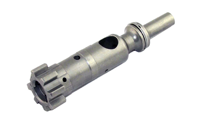 Stainless steel rifle bolt component on white background.