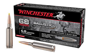 Winchester 6.8 Western Ballistic Silvertip ammunition box and cartridges